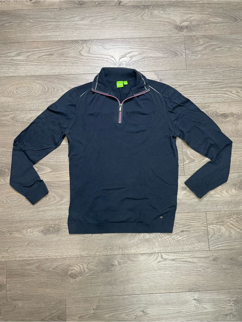 BOSS Hugo Boss 1/4 Zip Knit Sweater Navy Blue Pink Accents Mens Size Medium